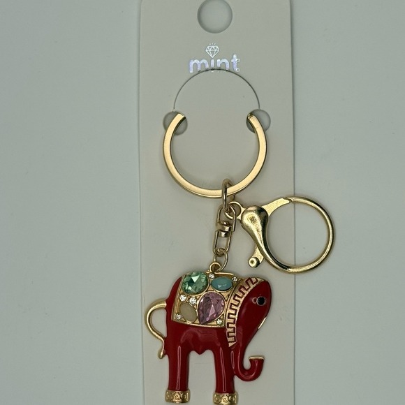 Red Elephant Rhinestone Gold Key Chain Purse Backpack Charm Keychain - Picture 3 of 4